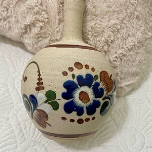 Vintage Tonala Hand Painted Floral Vase Mexican Pottery Signed sandstone 8.5”